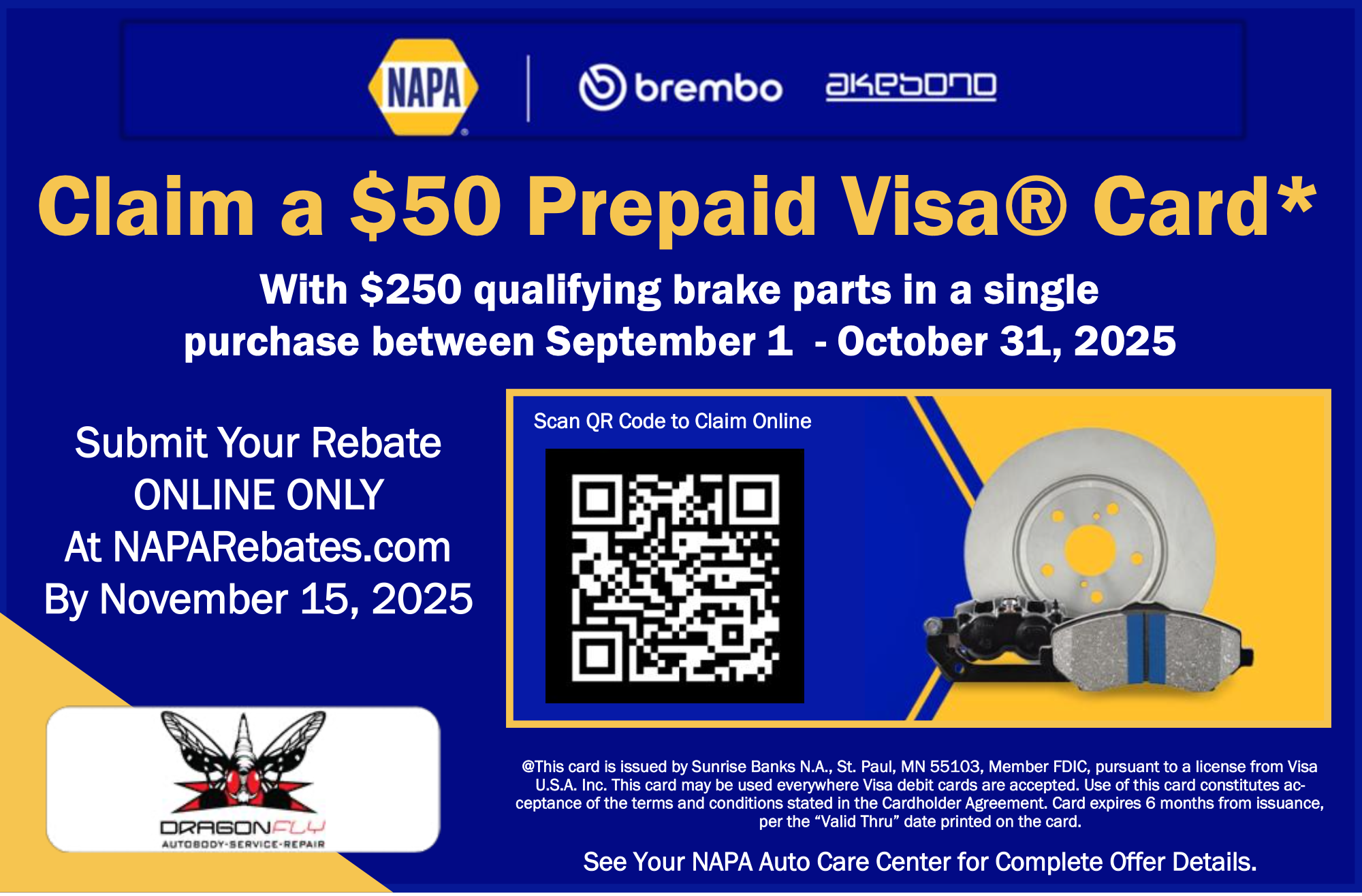 $50 Visa Card with brake parts purchase